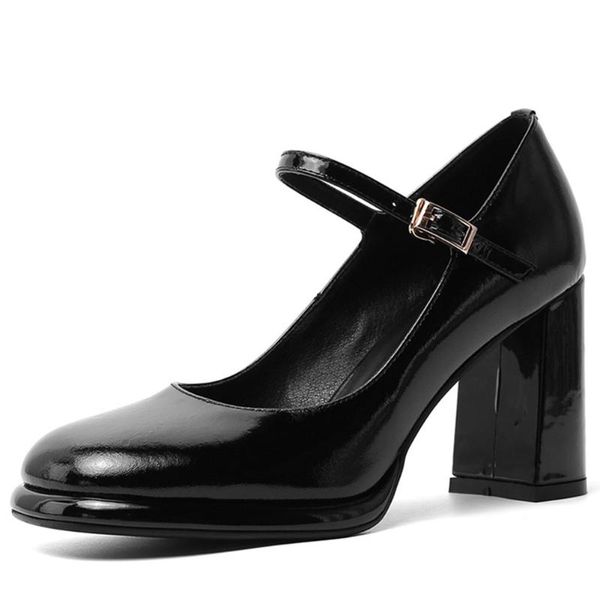 

dress shoes gigifox classic mary janes block high heels genuine leather great quality office ladies elegant pumps women, Black