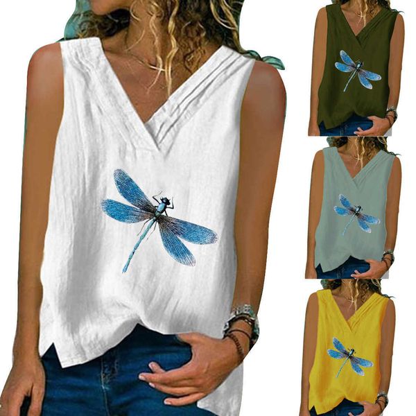 

2021 fashion t shirts summer cotton linen vest women's v-ne casual printed, White