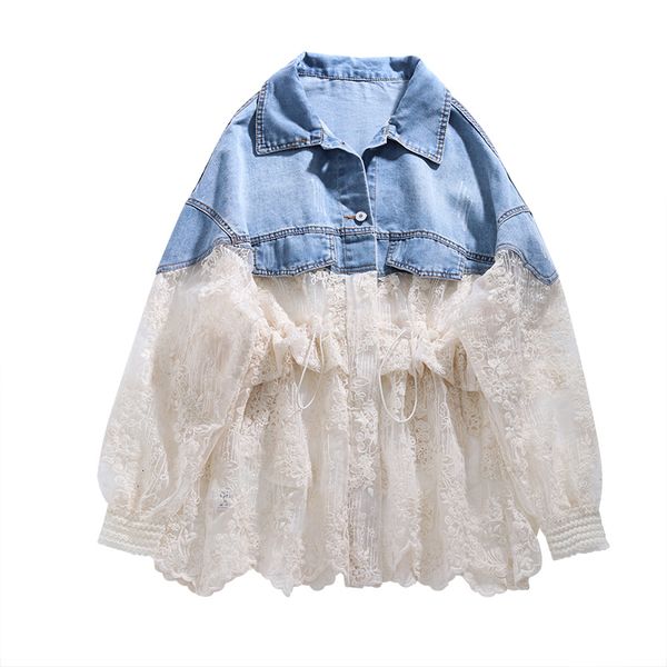 

women's fur & faux denim jacket women spring summer fashion loose lace splice jeans thin sun protection clothing ladies g074, Black