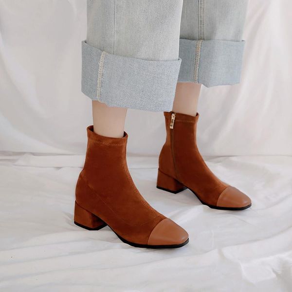 

boots yqbtdl plus size 43 chunky heels women winter shoes suede black brown square toe sock female booties ankle for