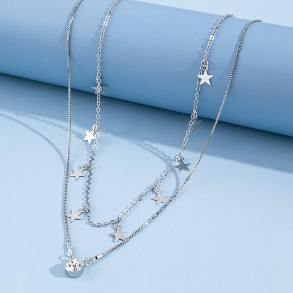 

chains fashion trend simple creative geometric design double star five-pointed small diamond necklace elegant lady clavicle chain, Silver
