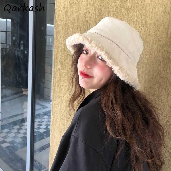 

wide brim hats bucket women japan style decorate winter warm minimalist aesthetic pure color fashionable female travel basic all-match ins, Blue;gray
