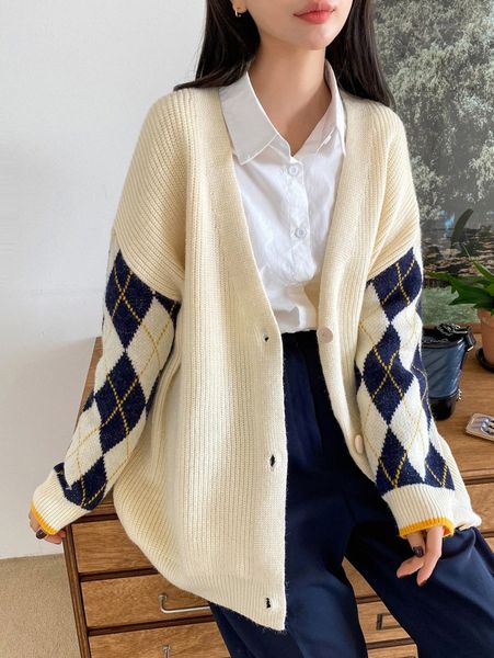 

dazy argyle pattern drop shoulder cardigan i66z#, White