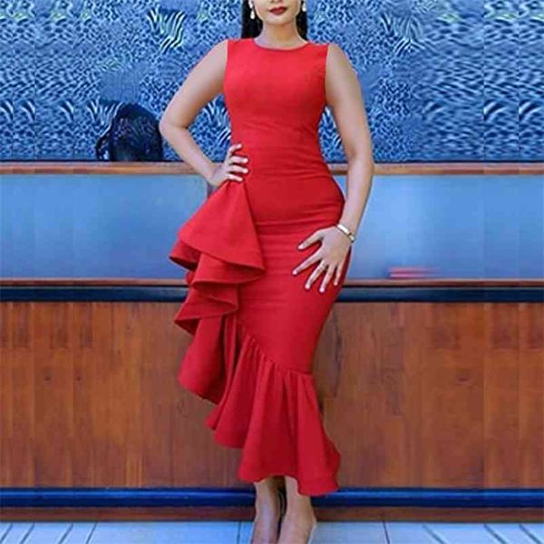 Kadınlar Kırmızı Kolsuz Bodycon Elbise Büyük Ruffles Slim Fit Artı Boyutu Cornes Parti Doğum Günü Kulübü Bahar Yaz Vestido Feminino 210331