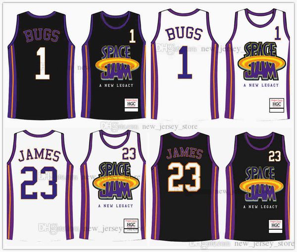 Film #1 BUGS #23 JAMES SPACE JAM NEW LEGACY NERO BIANCO MAGLIA DA BASKET Design fai da te personalizzato cucito College Baskeball Jerseys