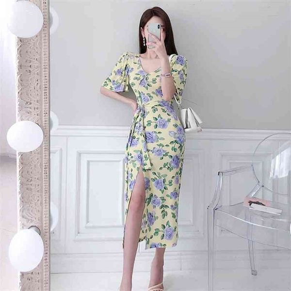 

summer korean version of the temperament v-neck slim lace waist split print dress women 210416, Black;gray