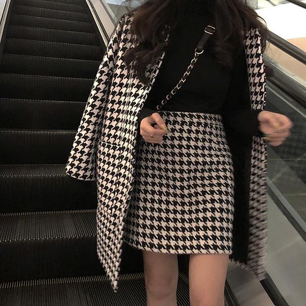 

women's wool & blends black and white houndstooth jacket spring autumn woolen 2021 fashion cashmere stitched nine-quarter sleeves coat