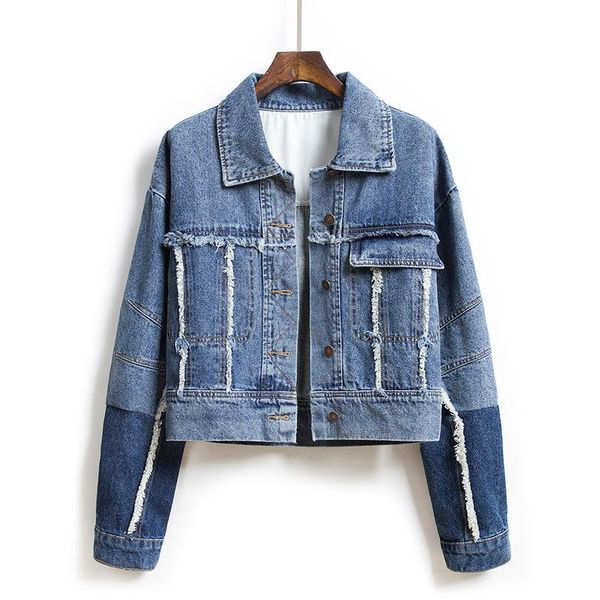 

rlyaeiz 2021 spring fashion burr stitching women basic coats denim jacket jeans coat patchwork long sleeve short jackets women's, Black;brown