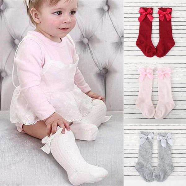 

socks girls big bow knee high long soft cotton lace baby kids toddlers warm christmas girl clothes, Pink;yellow