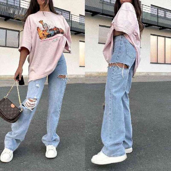

womens autumn fashion ripped wash water straight trousers jeans women vintage streetwear oversized jeans woman high waist, Blue
