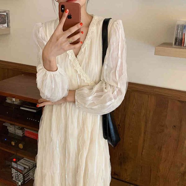 

dresses women es loose lace pleated v-neck long gentle sweet french solid elegant chic female fashion clothe, Black;gray