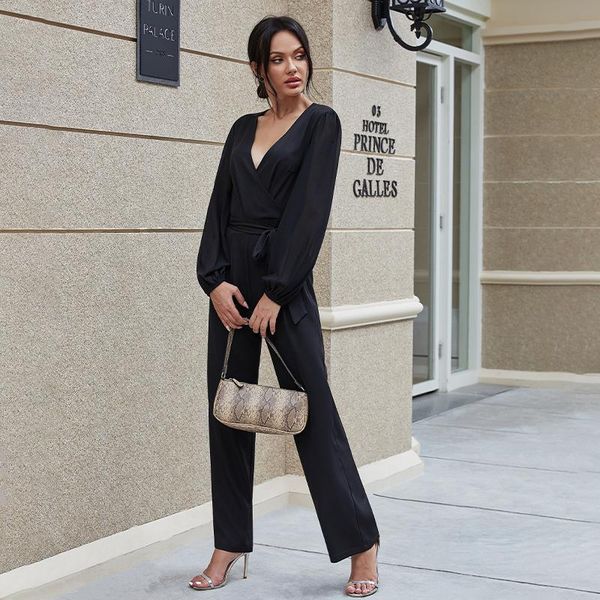 

women's jumpsuits & rompers elegant women jumpsuit long sleeve deep v-neck belted high waist office lady slim straight trousers chic ou, Black;white