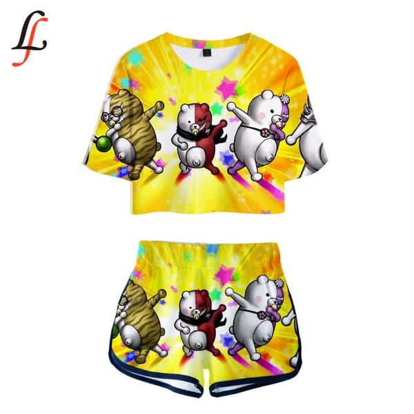 

cute print on breaking monokuma two piece sets girls short sleeve suit +middle waist shorts suits summer women's t-shirt, White