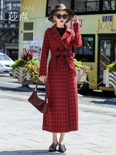 

women's trench coats red windbreaker 2021 autumn and winter plaid coat waist fashion temperament double breasted big lapel, Tan;black