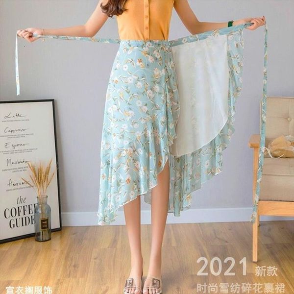 

high waist ruffled floral women skirt chiffon sunscreen beach one piece lace up, Black