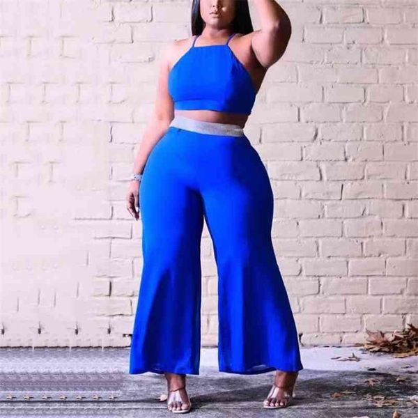

ladies 2 pieces and pant sets causal crop & flare pants blue solid fashion high street wear outfits matching 210510, White