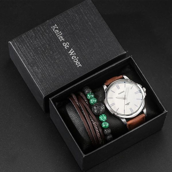 

wristwatches luxury watch bracelets set men's quartz clock gifts leather wristwatch gift for men 2021, Slivery;brown