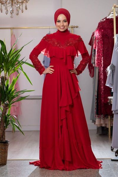 

arabic evening dresses 2021 high collar applique long sleeves prom dress zipper back ruffles chiffon bridal gowns, Black;red