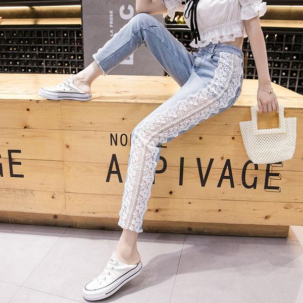 

ladies jeans thin lace stitching pencil pants 2021 women casual slim denim nine trousers women's, Blue