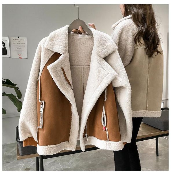 

women's fur & faux women winter suede jackets coat thicken warm lambs wool teddy coats ladies loose oversized outwear, Black