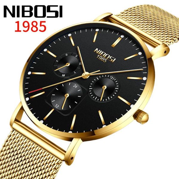 

wristwatches nibosi mens watches waterproof wrist watch ultra thin date quartz mesh belt for men business clock, Slivery;brown