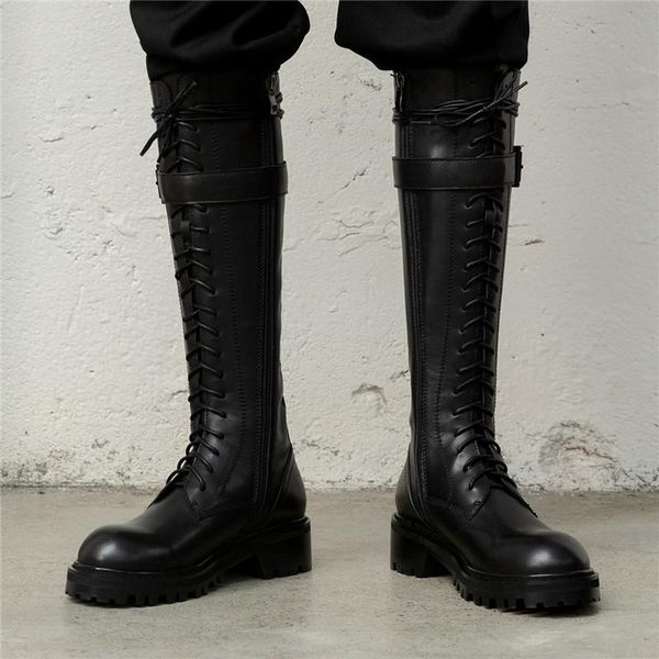 

boots cowhide leather belt kenn-high riding cross-tied thick bottom handsome equestrian round toe women shoes 4cm, Black