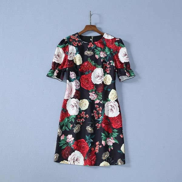 

casual dresses 2021 runways summer female beads short sleeve sleeves floral fashion elegant print ed c106, Black;gray