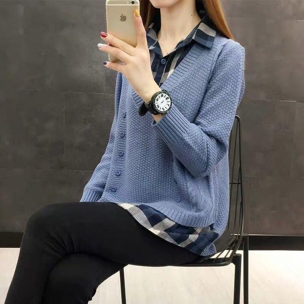 

women's sweaters stitching fake two loose lapel long sleeve buttons decorative knitted base pullovers jumpers female 2021, White;black