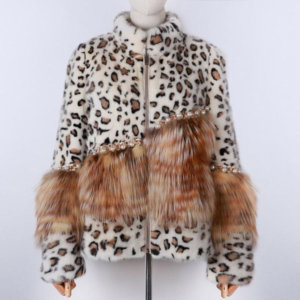 

women's fur & faux yoloagain beading real mink jacket ladies leopard printed, Black