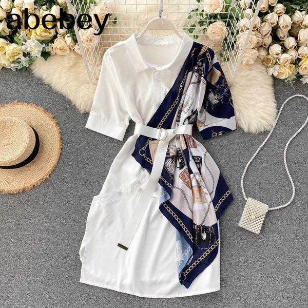 

print patchwork elegant women dress a-line irregular simple femme dresses turn-down collar drawstring vestidos 210715, Black;gray