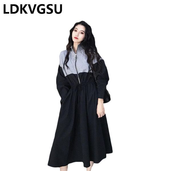 

casual dresses 2021 women dress spring long sleeve korean drawstring patchwork female plus size 4xl vestidos ropa is1751, Black;gray
