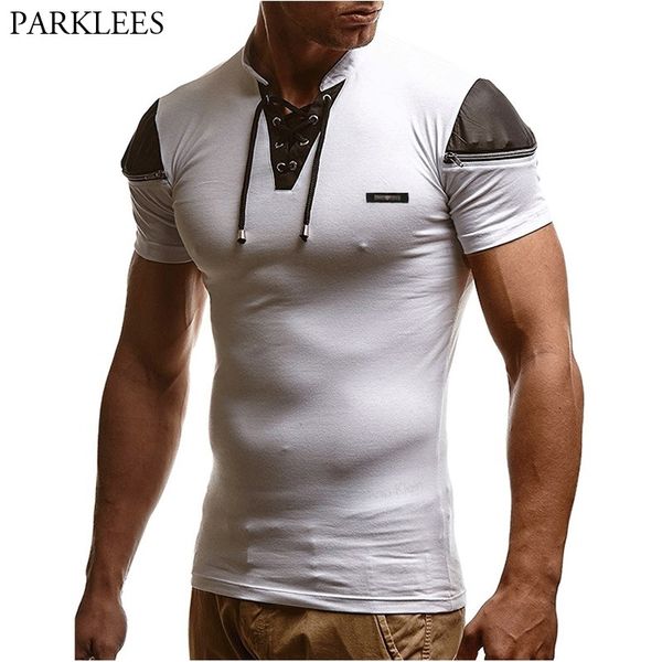 

mens bandage hollow out white v neck t shirt male patchwork leather t-shirt men hip hop streetwear zipper camisetas hombre 210629, White;black