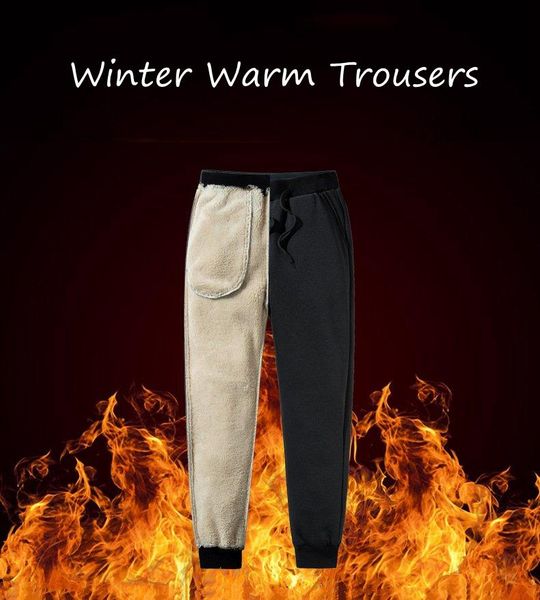 

men's pants men thicken trousers fashion winter cashmere-like plush warm simple style elastic soft leisure sports, Black