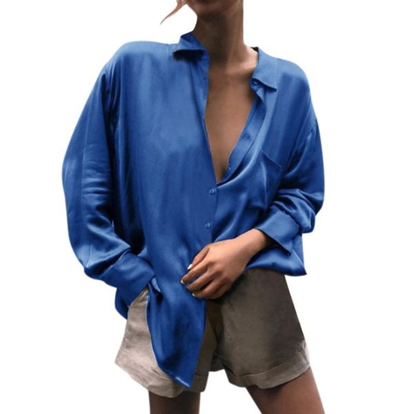 

women's blouses & shirts deep v neck casual satin long-sleeved lapel button woman solid color slim cardigan basic single-breasted #sr, White