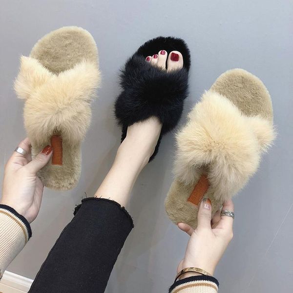 

winter women slippers flat home shoes woman indoor faux fur warm soft slip black apricot female furry