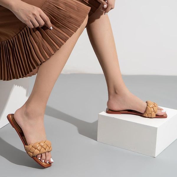 

women summer slippers female open toe slides fashion square shoe ladies 2021 pu leather outside women's flat casual sandals, Black