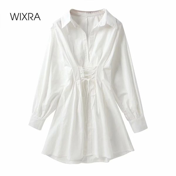 

2021wixra lace up dresses womens turn-down collar empire white short clothing cotton shirts summer autumn, Black;gray