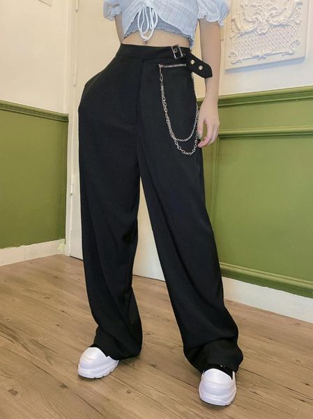 

women's pants & capris personalized street design with chain decoration, loose and slim casual pants, black straight tube suit pant tro, Black;white