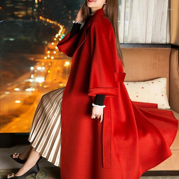 

women's wool & blends m's same double-sided cashmere coat 2021 high-end medium and long loose water ripple, Black