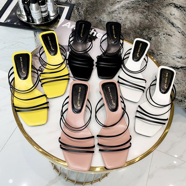 

flip flop 2009 summer korean edition square head open toe sandals fashion hundred sets of thin ribbon and rough heel slippers, Black