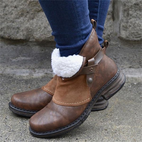 

boots winter fashion women ankles plush pu leather patchwork zipper buckle low heel female casual short 2021, Black