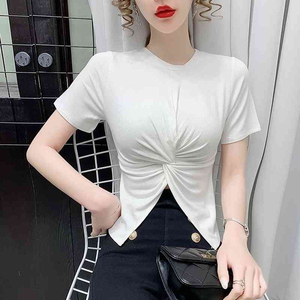 Slim Sexy Bianco Nero Donna Top Estate O Colletto Pieghe incrociate T-shirt a maniche corte Vestiti ombelico aperti 105C 210420