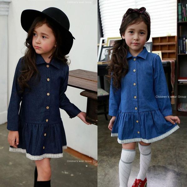 

girl's dresses girl denim lace hem dress 2021 children clothing autumn casual girls clothes turn-down collar kids jean, Red;yellow