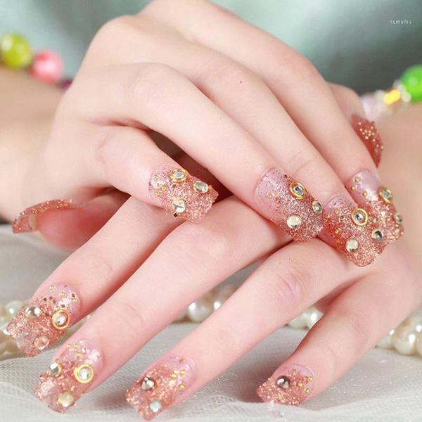

24pcs/box women fake nails golden print full cover false po studio gold1, Red;gold