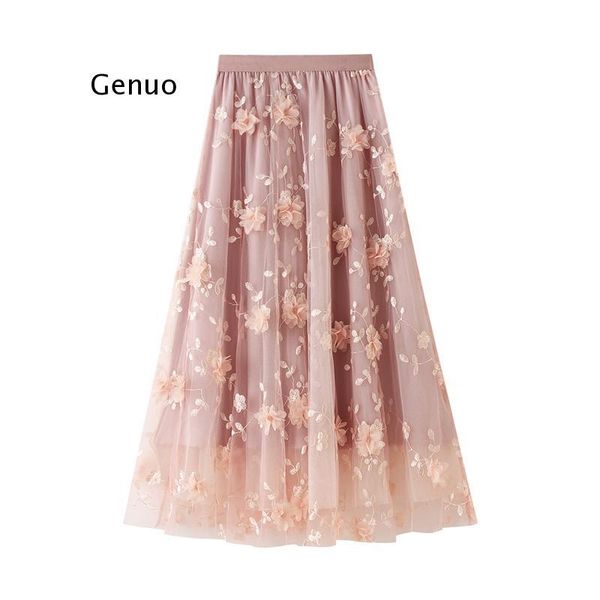 

skirts women's long tulle skirt casual high waist flower embroidery solid color midi swing ankle length, Black