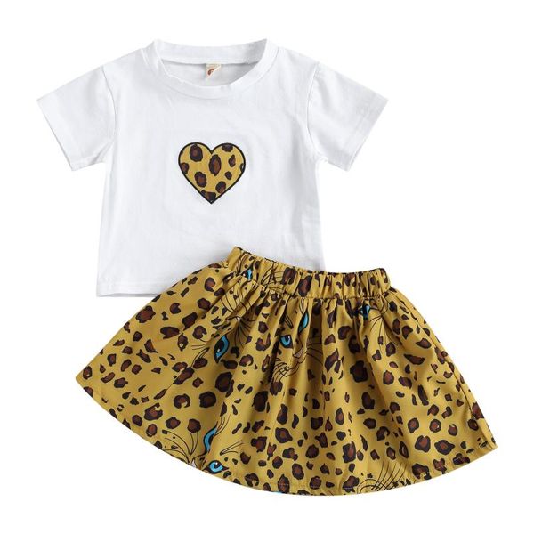 

clothing sets 1-7y lovely infant girls clothes heart leopard print short sleeve t shirts a-line skirts 2pcs, White