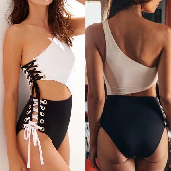 

one-piece suits coobbuÂ one piece swimsuits shoulder swimwear women cut out monokini patchwork bodysuits bandage bathers bathing