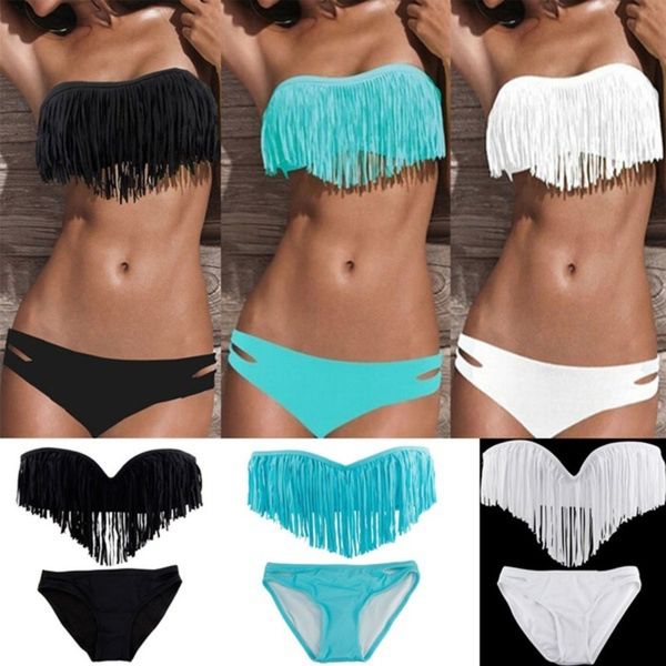 

women' summer bikini beach tassel split three-point swimsuit, Red;black