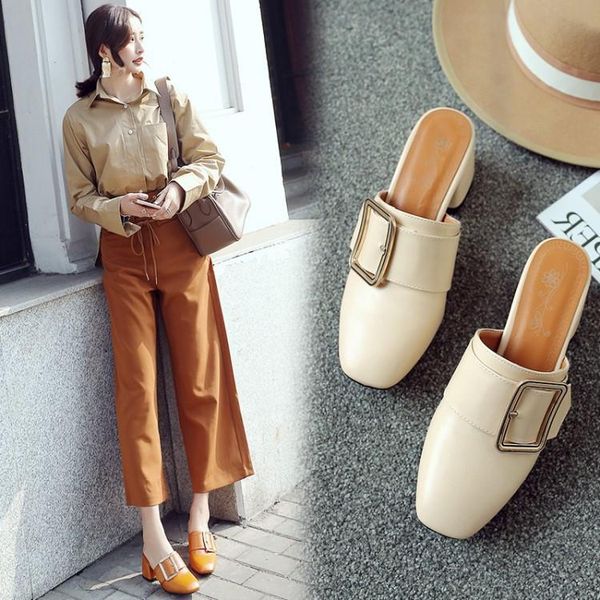 

slippers pxelena fashon slides women chunky block med heels summer lady sandals square toe buckle slip on outside shoes 34-43, Black