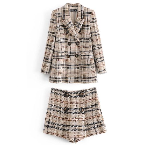 

women's tracksuits ladies european and american fashion plaid texture double-breasted casual suit jacket shorts autumn 2021, Gray